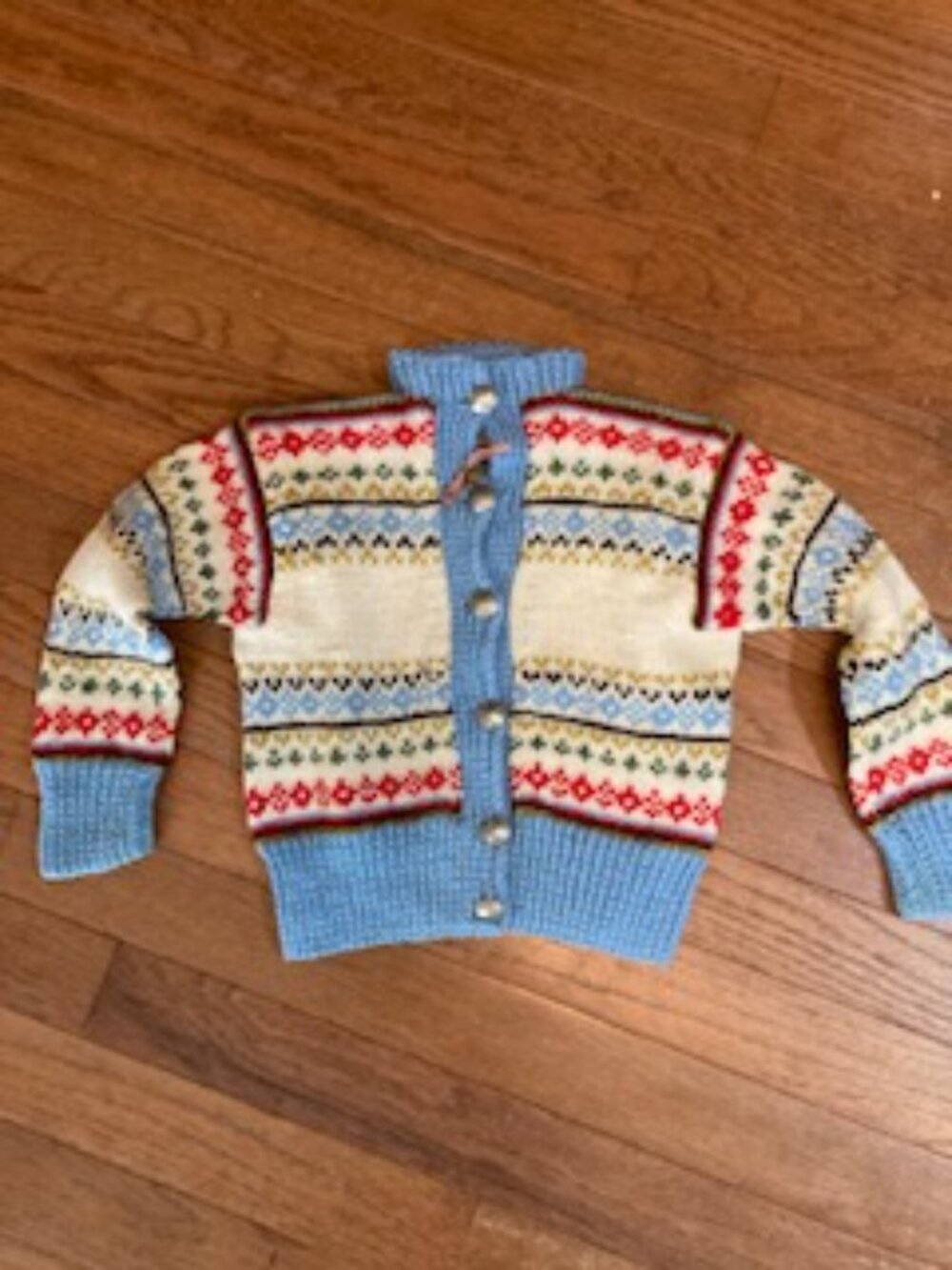 Hand-Knit in Norway Blue and Ivory Fair Isle Young Girl’s Sweater